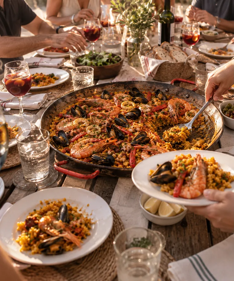 Mesa de evento con la paellera en el centro y los invitados sirviéndose