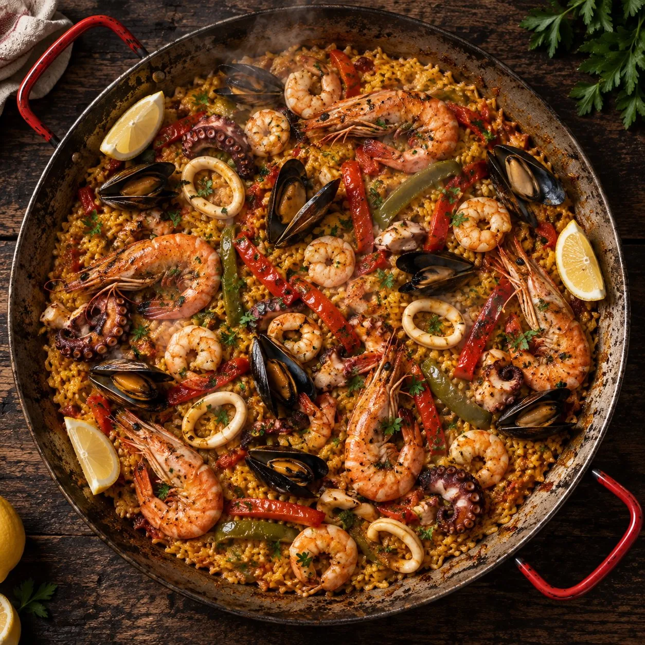 Paella de mariscos completa en la paellera, con camarones jumbo, mejillones, calamares y pulpo